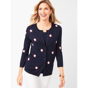 Talbots Sweater Women's Size M Navy Blue Star Print Cardigan Cotton Patriotic